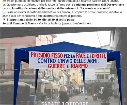 Presidio fisso per la pace e i diritti, contro l'invio delle armi, guerre e riarmo